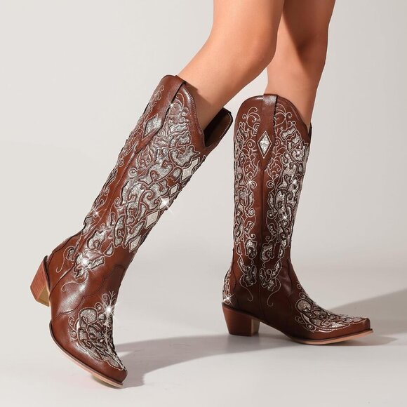 Brown Women Sparkly Rhinestone Wedding Boots Trendy Vintage Tall Glitter Boot - Picture 2 of 5